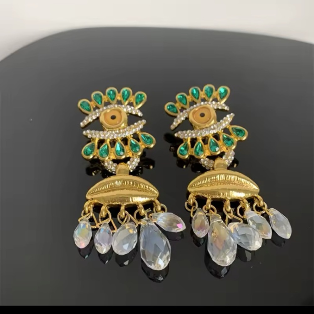 Schiaparelli Inspired Statement Earrings Gold Tone Runway Long Big